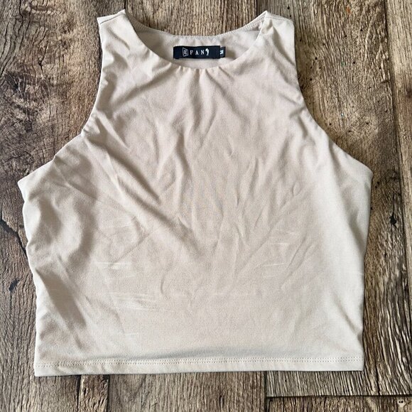 E FAN Medium Women's Taupe Tank Top Buttery Soft High Neck Cropped - Picture 5 of 12